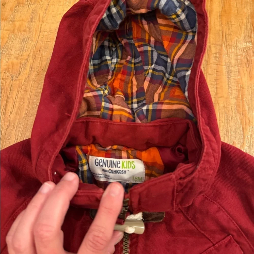 OshKosh B'gosh Red Hooded Plaid Lined Toggle & Zip Cozy Jacket 18M Fisherman